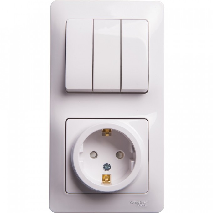 Блок SCHNEIDER ELECTRIC GLOSSA: розетка с заземлением, со шторками + 3 клавишный выключатель, белый GSL000178