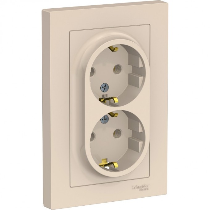 Розетка двойная SCHNEIDER ELECTRIC ATLASDESIGN с заземлением, в сборе, бежевый ATN000224