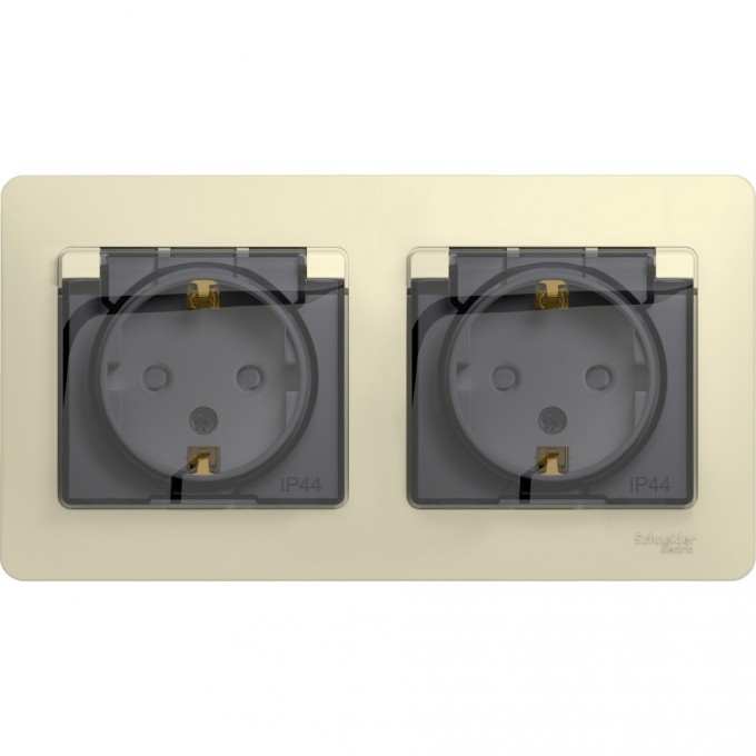 Розетка двойная SCHNEIDER ELECTRIC GLOSSA с заземлением, со шторками, в сборе, IP44, бежевый GSL000247