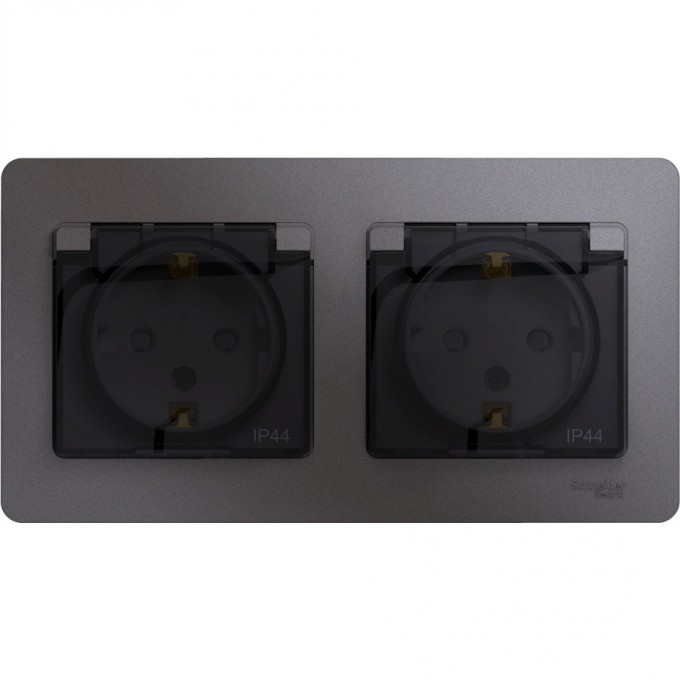 Розетка двойная SCHNEIDER ELECTRIC GLOSSA с заземлением, со шторками, в сборе, IP44, графит GSL001347
